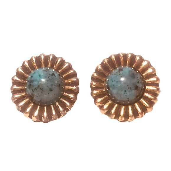 Unbranded Other - Vintage Gold Tone Daisy Sunflower Cufflinks Marbled Turquoise Lucite Cabochons